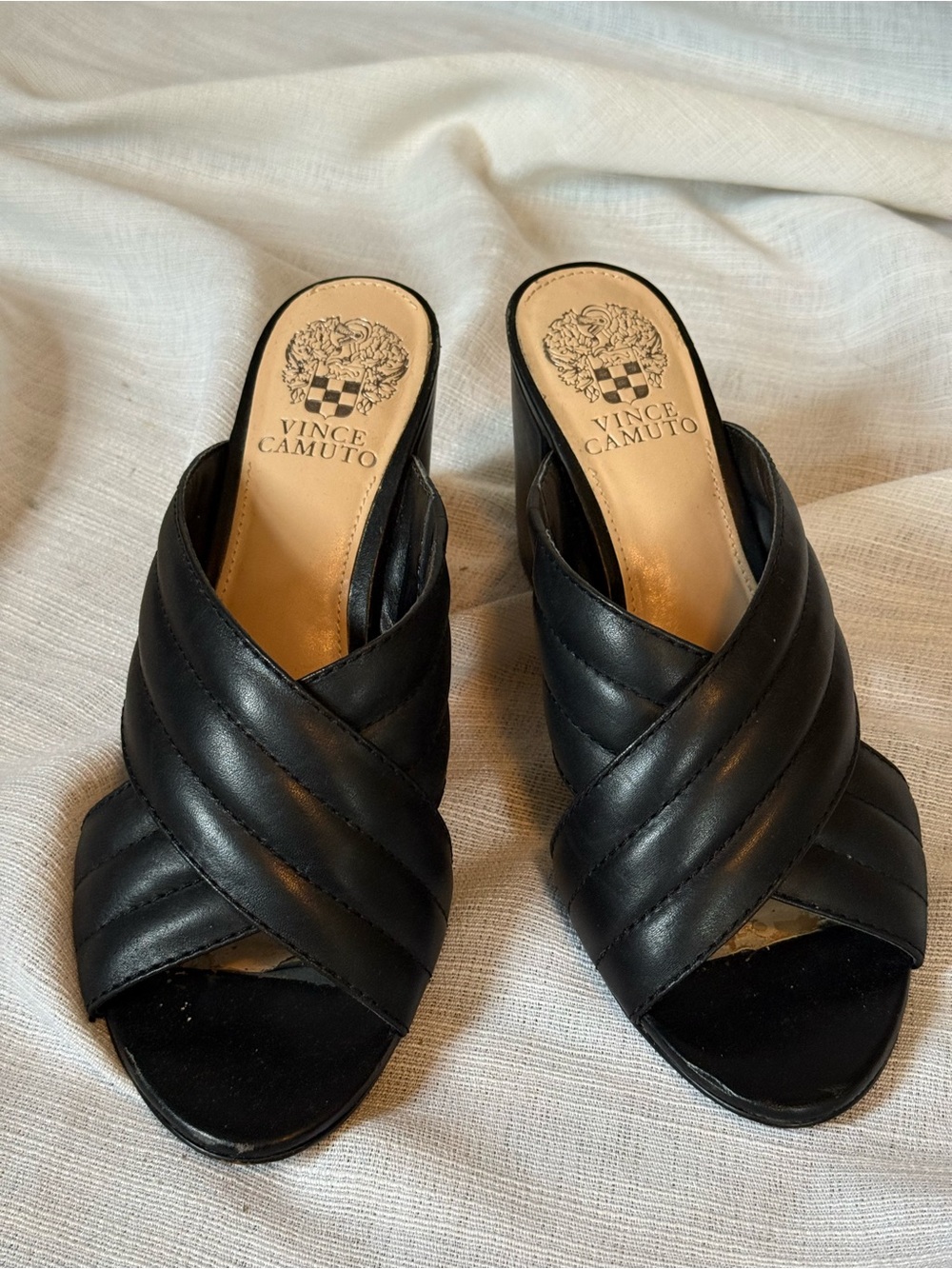 Vince Camuto Black Quilted Crisscross Slide Mules